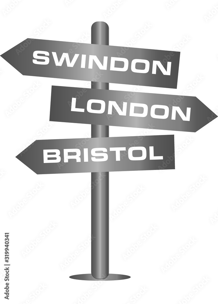 Sign with Swindon, London and Bristol isolated on white Sign with Swindon, London and Bristol isolated on white