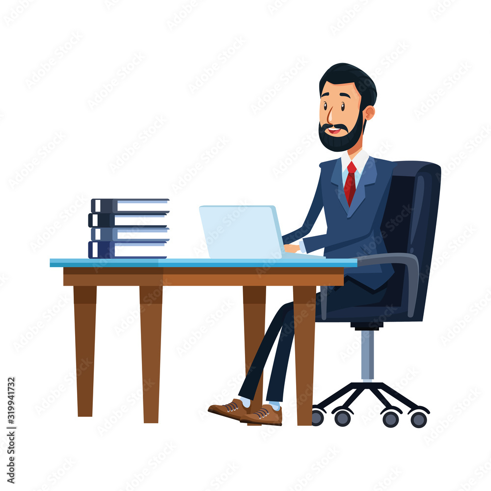 happy businessman at office desk with laptop computer and books happy businessman at office desk with laptop computer and books