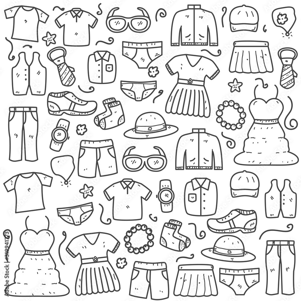 Set of clothes and accessories doodle vector illustration cute hand drawn style suitable for background too Set of clothes and accessories doodle vector illustration cute hand drawn style suitable for background too