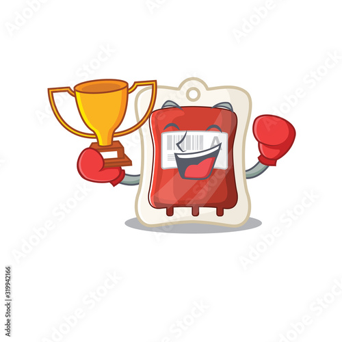 fantastic Boxing winner of blood bag in mascot cartoon style