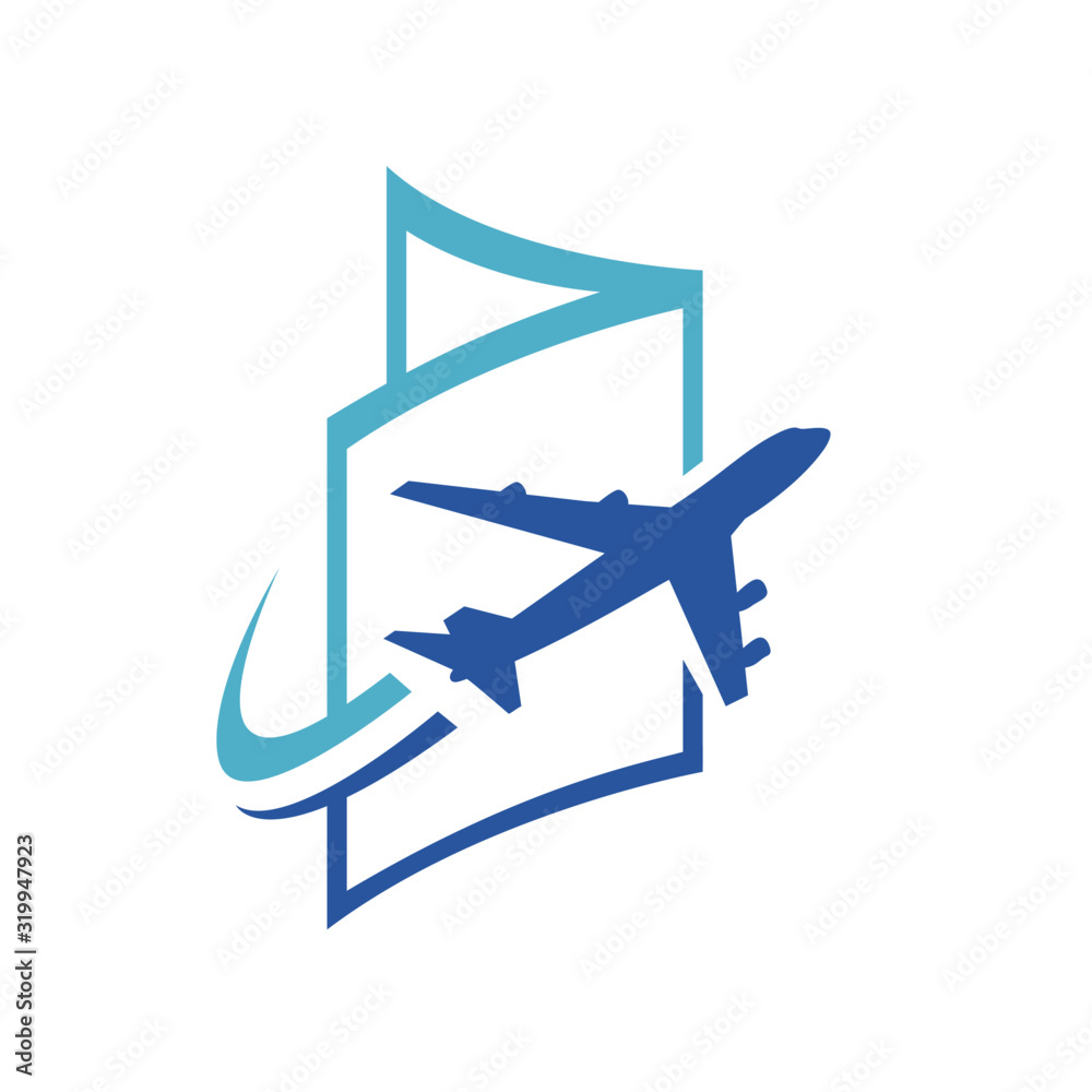 flying airplane on identity book visa passport logo design vector icon illustration
