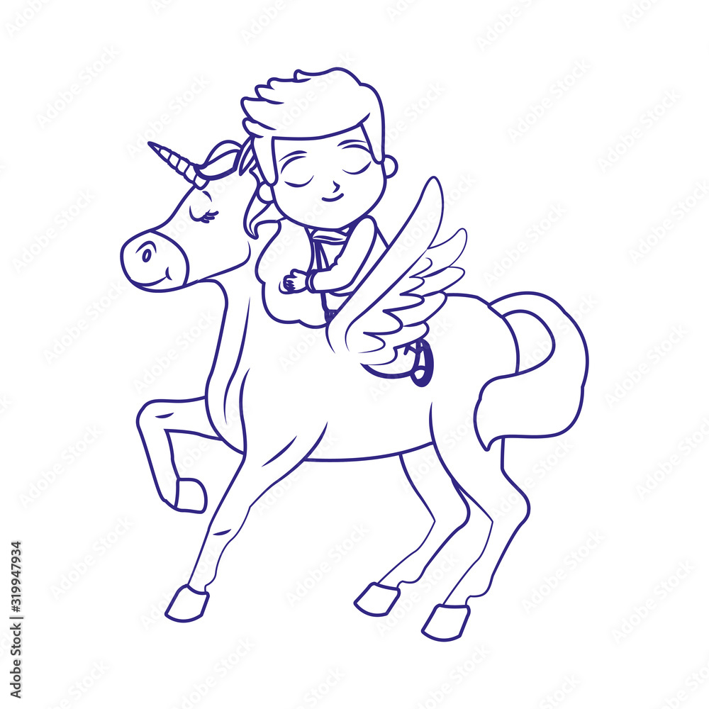 Fototapeta premium cartoon cute boy on unicorn, flat design