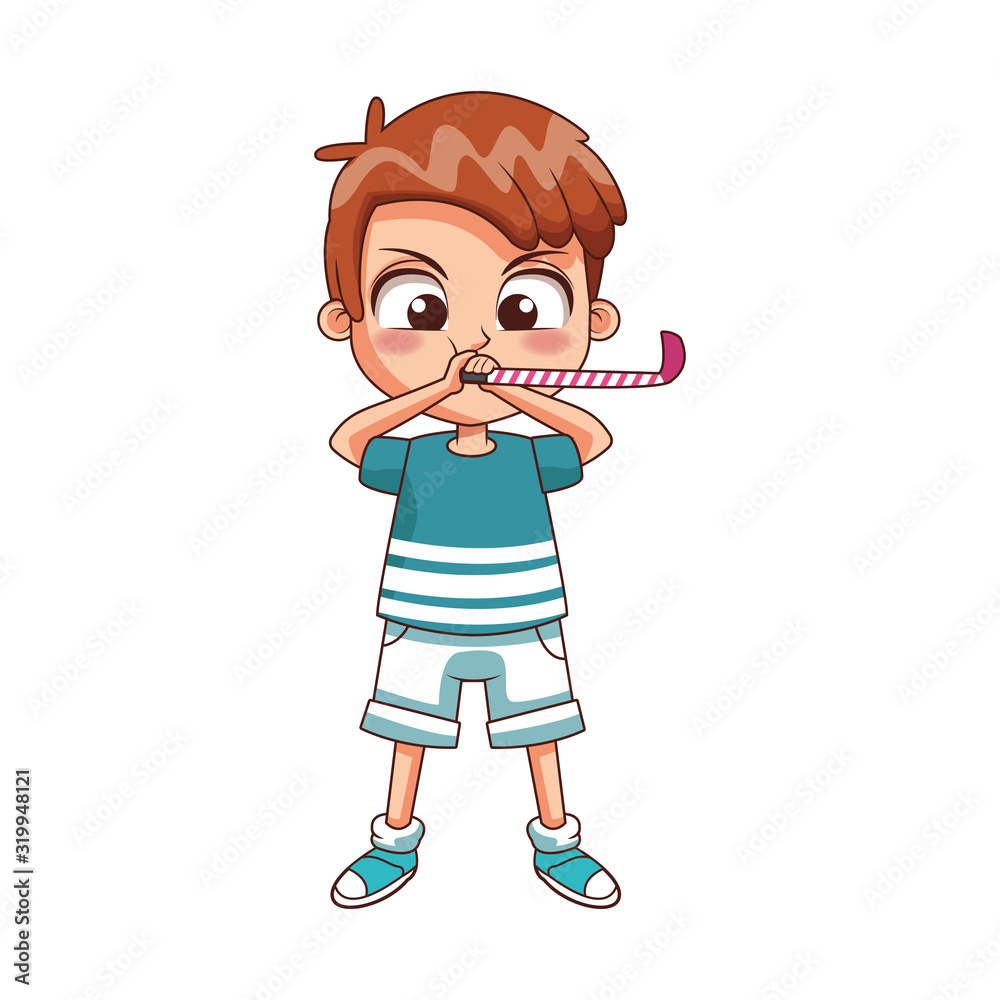 cartoon boy blowing a horn blower, colorful design