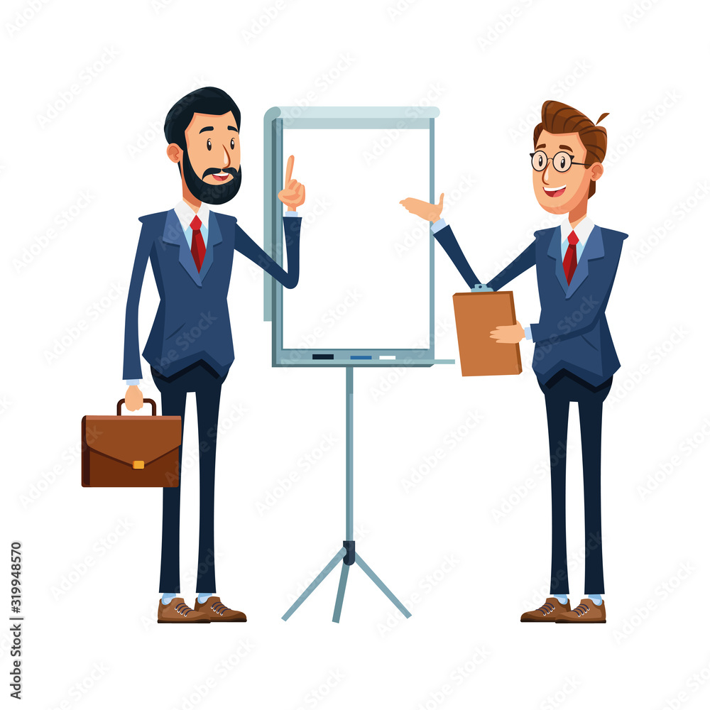 cartoon businessmen standing with presentation board, colorful design
