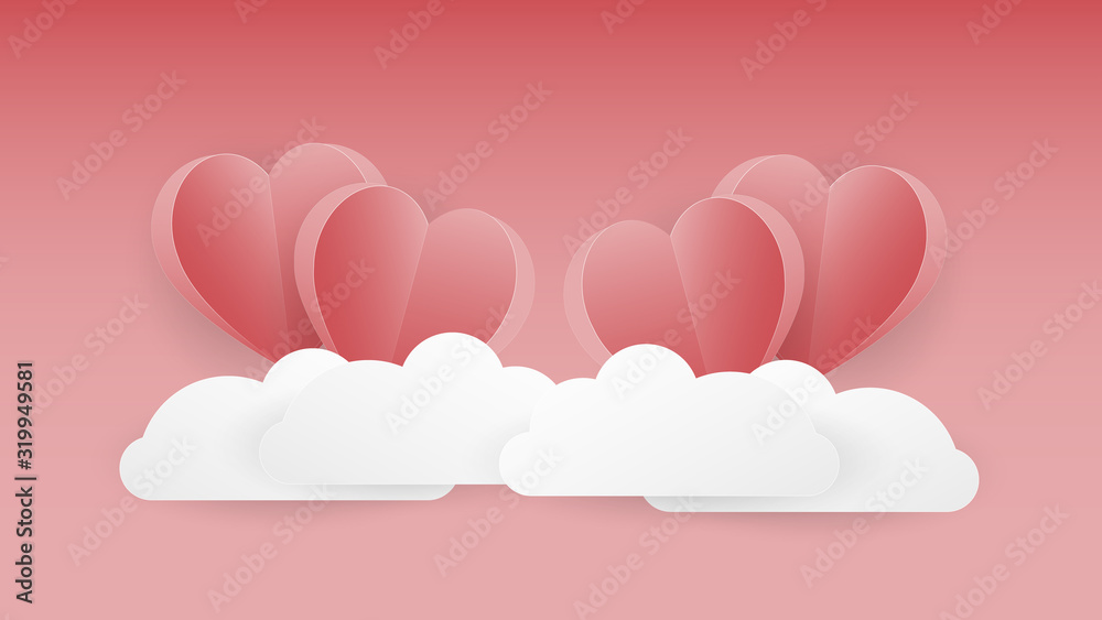Folded heart shapes floating over the cloud with gradient pink background. Vector graphic. Valentines day graphic.