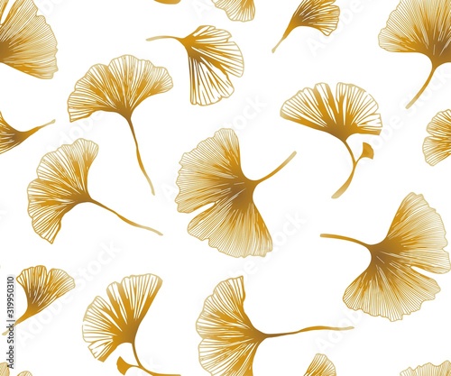 Black, yellow-gold vector seamless elegant wallpaper with leaves. Glitter abstract illustration with leaves of ginkgo biloba. Design for textile, fabric, wallpaper. logos