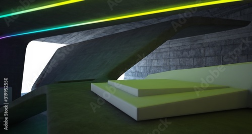 Abstract architectural concrete interior of a minimalist house with colored neon lighting. 3D illustration and rendering.