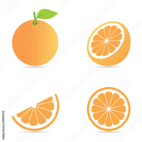 ollection set of fresh orange with green leaf and half slice pattern isolated on white background.Fruit flat icon.Vector.Illustration.