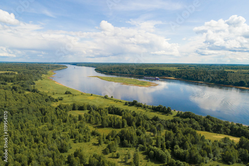 Volga river in a summer landscape (aerial photography). Yaroslavl region, Russia