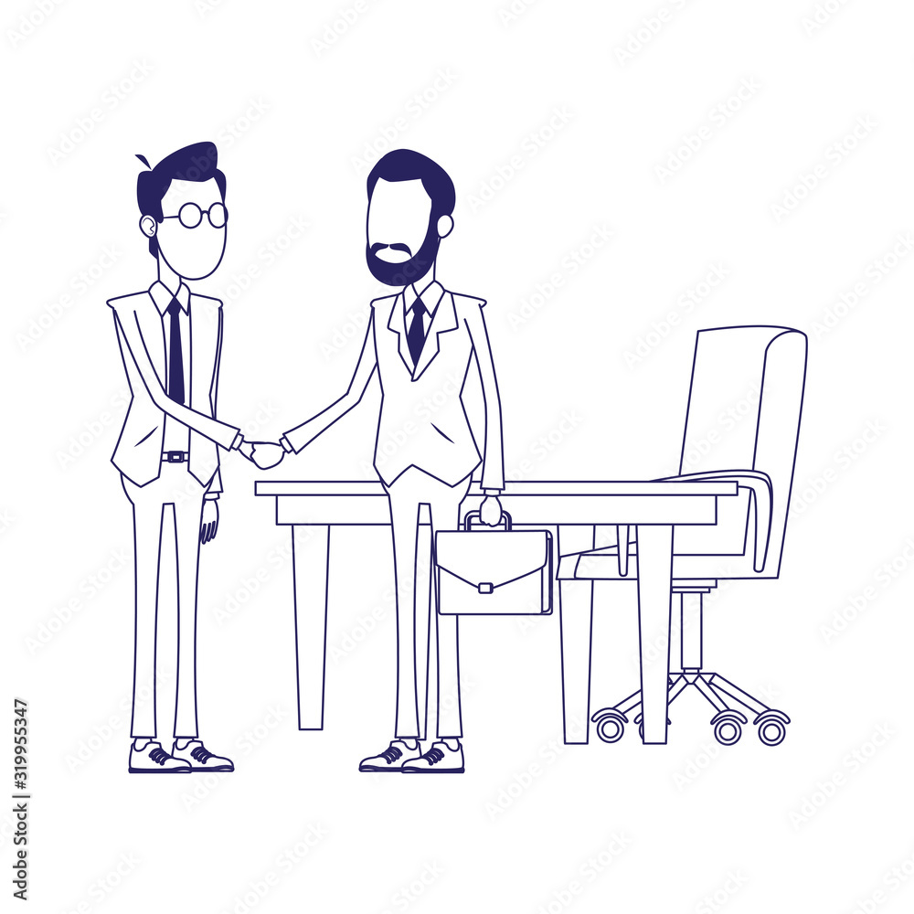 office desk and cartoon businessmen shaking hands, flat design office desk and cartoon businessmen shaking hands, flat design