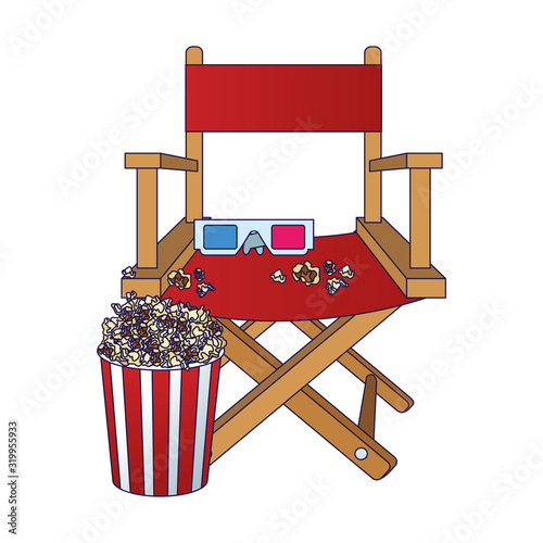 directors chair with 3d glasses and pop corn bowl, colorful design