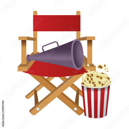 directors chair with directors megaphone and pop corn bucket, colorful design