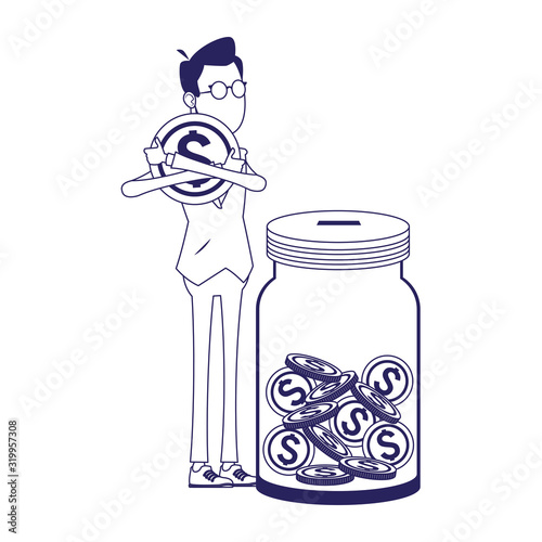 businessman hugging a coin and big bottle with money coins, flat design