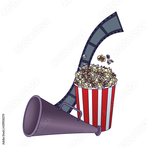 directors megaphone with pop corn bucket and film reel, colorful design