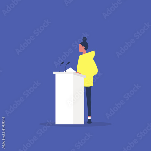 Political debate, young female speaker arguing behind the podium, freedom of speech
