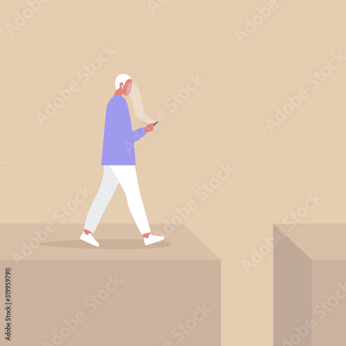 Young male character addicted to smart phone striding to the abyss, nomophobia, millennial lifestyle