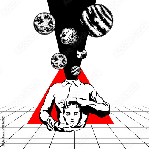 Vector hand drawn illustration of headless girl with planets  isolated. Creative tattoo  artwork. Template for card, poster, banner, print for t-shirt, pin, badge, patch.