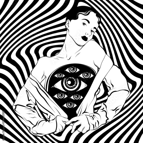 Vector hand drawn illustration of girl with eyes in her breast isolated. Creative artwork. Template for card, poster, banner, print for t-shirt, pin, badge, patch.