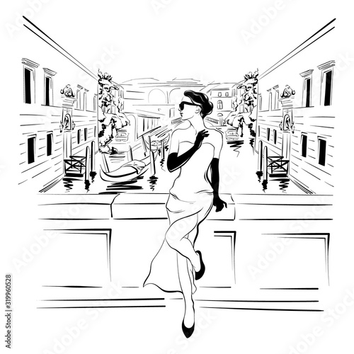 Vector hand drawn illustration of girl in Venice isolated. Creative artwork. Template for card, poster, banner, print for t-shirt, pin, badge, patch.
