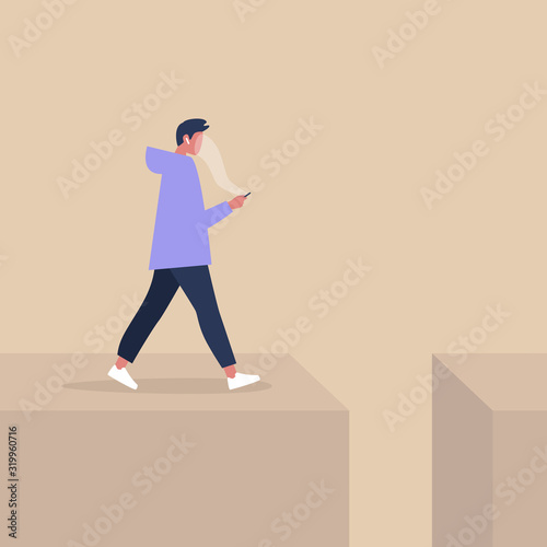 Young male character addicted to smart phone striding to the abyss, nomophobia, millennial lifestyle