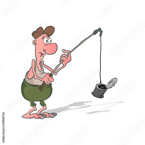 Cartoon fisherman caught a tin can on a fishing rod. Vector illustration.