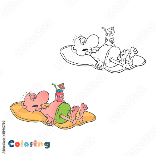 Cartoon man sleeping on an air mattress and holding a beach cocktail in his hand. Vector illustration in the form of coloring and color example.