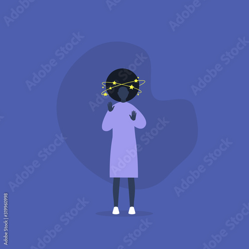 Young shocked black female character having stars spinning around h head, vertigo conceptual illustration