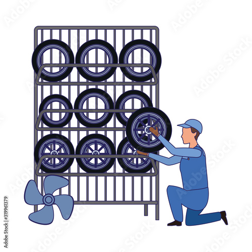 car mechanic holding a tire of tires rack, colorful design
