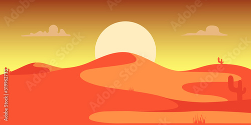 Desert landscape with cactuses and mountains in cartoon style. Design element for poster  card  banner  flyer.