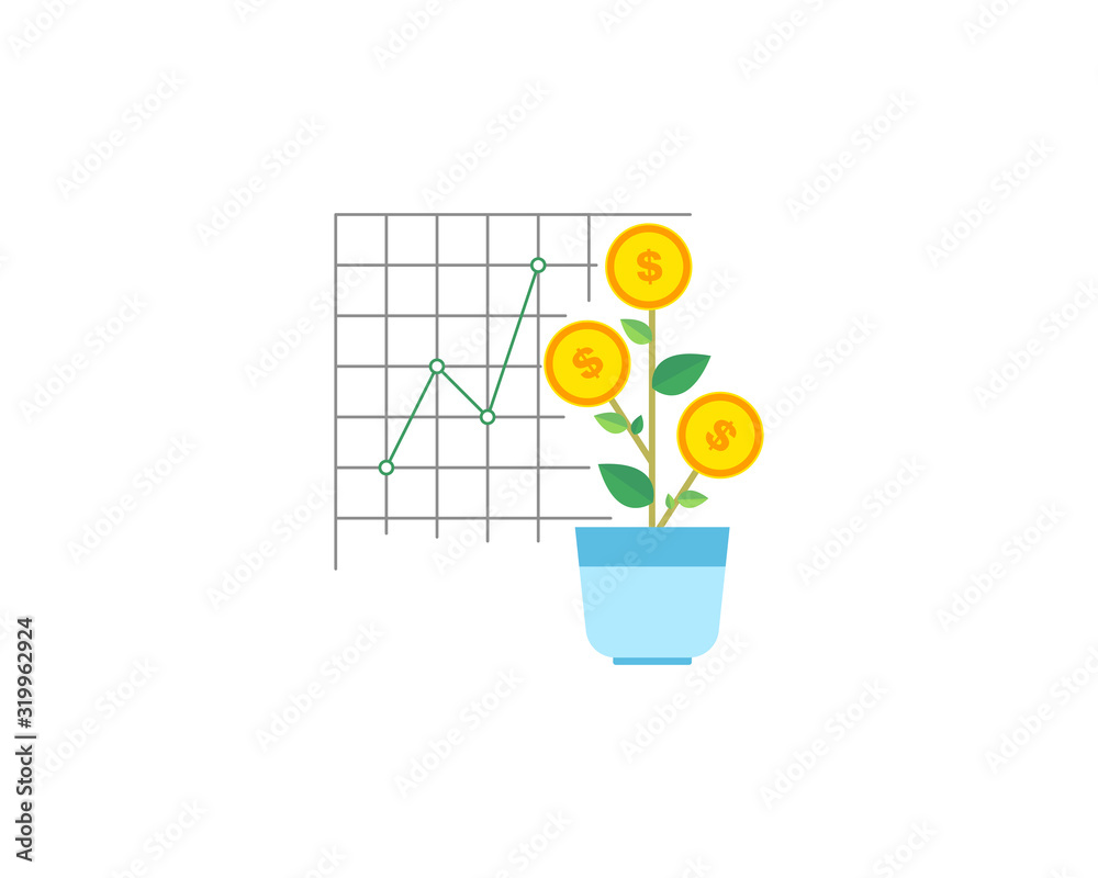 Planting and growing money in pot. Growing money tree with coins and money. Dollar plant in the pot-vector web icon isolated on white background, EPS 10, top view. Planting and growing money in pot. Growing money tree with coins and money. Dollar plant in the pot-vector web icon isolated on white background, EPS 10, top view.