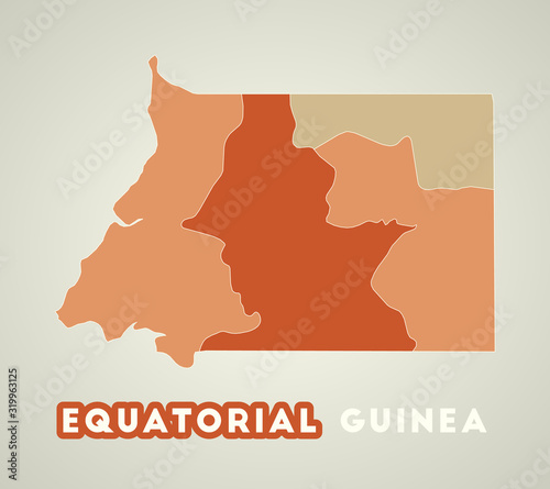 Equatorial Guinea poster in retro style. Map of the country with regions in autumn color palette. Shape of Equatorial Guinea with country name. Artistic vector illustration.