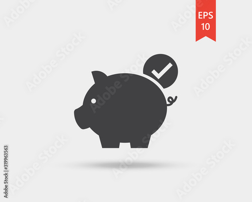 Piggy bank icon with check mark  vector web icon isolated on white background, EPS 10, top view