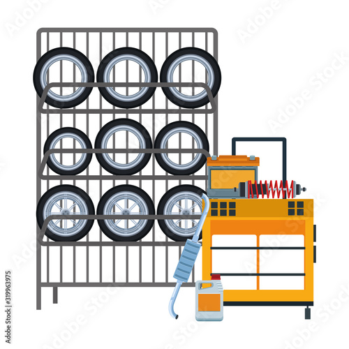 rack with car tires and tools trolley, flat design