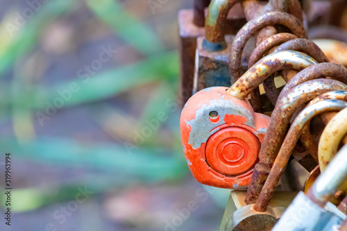 Group of old rusty locks closed during theier marriages as a symbol of eternal love and matrimonial promises.