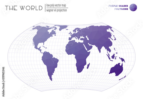 Triangular mesh of the world. Wagner VII projection of the world. Purple Shades colored polygons. Awesome vector illustration.