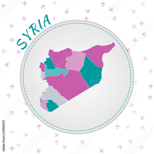 Syria map design. Map of the country with regions in emerald-amethyst color palette. Rounded travel to Syria poster with country name and airplanes background. Artistic vector illustration.