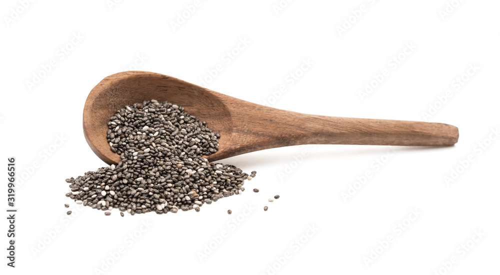 Brown wooden overturned spoon with chia seeds seen from the side and isolated on white background Brown wooden overturned spoon with chia seeds seen from the side and isolated on white background