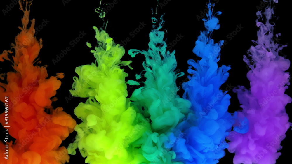 Multicolored composition from ink streams. ink streams from the rainbow spectrum float and mix in the center of the composition. Colorful abstract combination of acrylic rainbow colored black Multicolored composition from ink streams. ink streams from the rainbow spectrum float and mix in the center of the composition. Colorful abstract combination of acrylic rainbow colored black