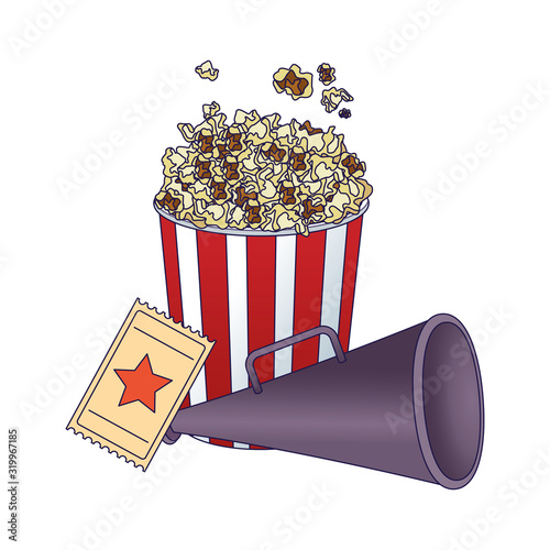pop corn bucket with movie ticket and directors megaphone