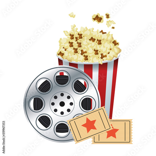 pop corn bowl with film reel and movie tickets