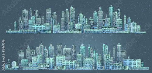 Modern City skyline, highly detailed hand drawn vector illustration