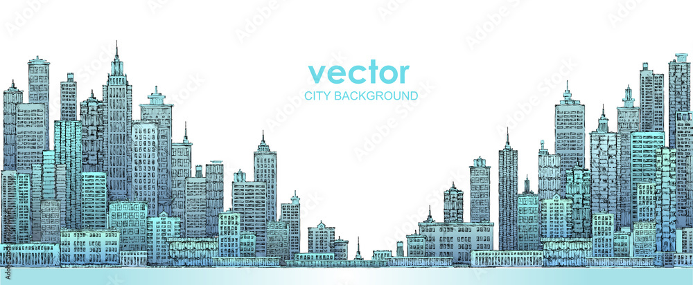 Fototapeta Panoramę nowoczesnego miasta, bardzo szczegółowe ręcznie rysowane ilustracji wektorowych