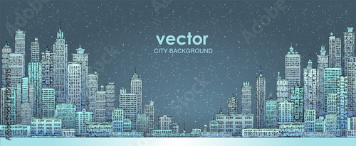 Photography Modern City skyline, highly detailed hand drawn vector illustration