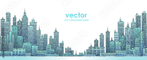 Fototapeta Panoramę nowoczesnego miasta, bardzo szczegółowe ręcznie rysowane ilustracji wektorowych