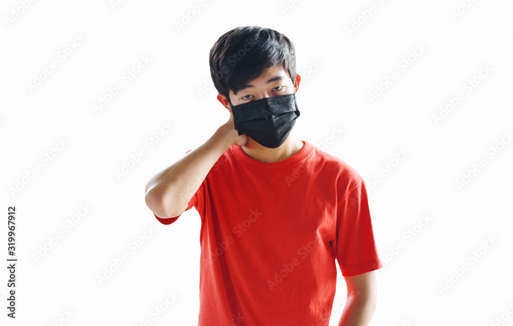 A young man wearing a black mask on the face for protection against dust and viruses from the air in pm2.5 with colors White background