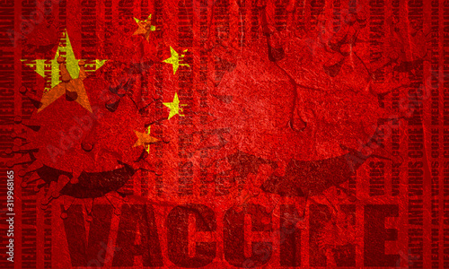 Medical industry, biotechnology and biochemistry. Scientific medical designs. Virus diseases relative theme. Vaccine text and bar code on backdrop. Flag of the China