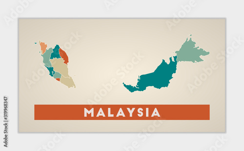 Malaysia poster. Map of the country with colorful regions. Shape of Malaysia with country name. Attractive vector illustration.