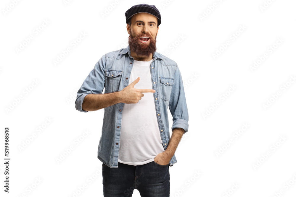 Bearded casual man laughing and pointing to something Bearded casual man laughing and pointing to something