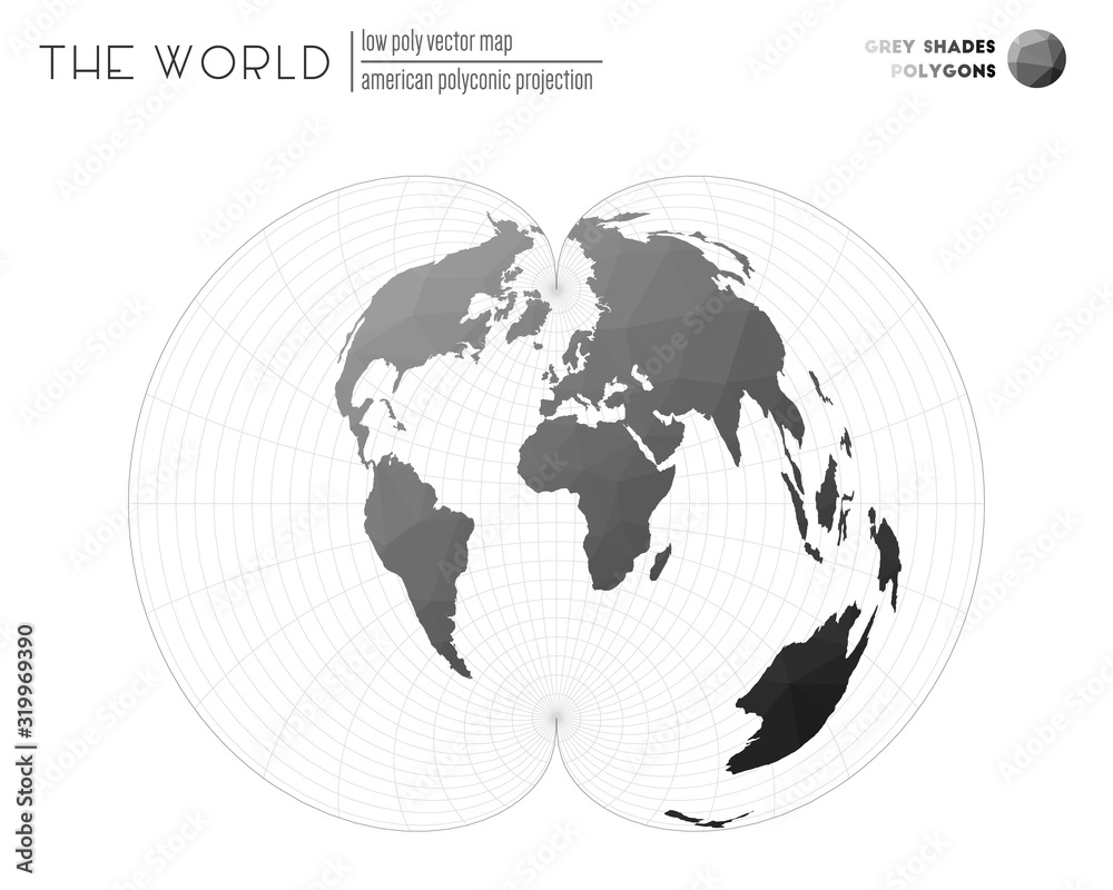 World map in polygonal style. American polyconic projection of the world. Grey shades colored polygons. Elegant vector illustration. World map in polygonal style. American polyconic projection of the world. Grey shades colored polygons. Elegant vector illustration.