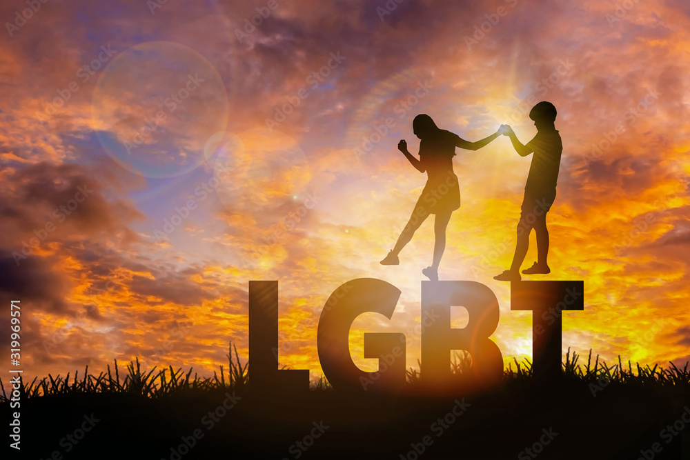 LGBT relationship concept. Silhouette of young lesbian couple holding hands at sunset background to move forward together LGBT relationship concept. Silhouette of young lesbian couple holding hands at sunset background to move forward together